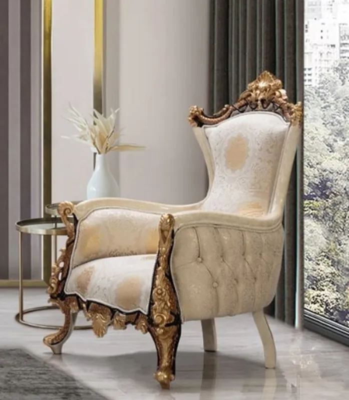 Günstig Casa Padrino fauteuil baroque de luxe blanc / beige / crème / noir / or - Magnifique fauteuil de salon avec motif élégant - Mobilier de salon de luxe de style baroque - Meuble baroque