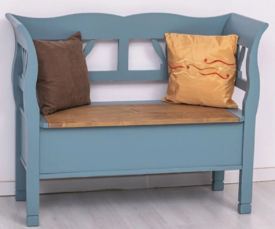 Nur Heute Casa Padrino banc style campagnard bleu clair / marron 117 x 48 x H. 92 cm - Banc en bois massif avec espace de rangement - Meuble en bois massif - Meuble style campagnard