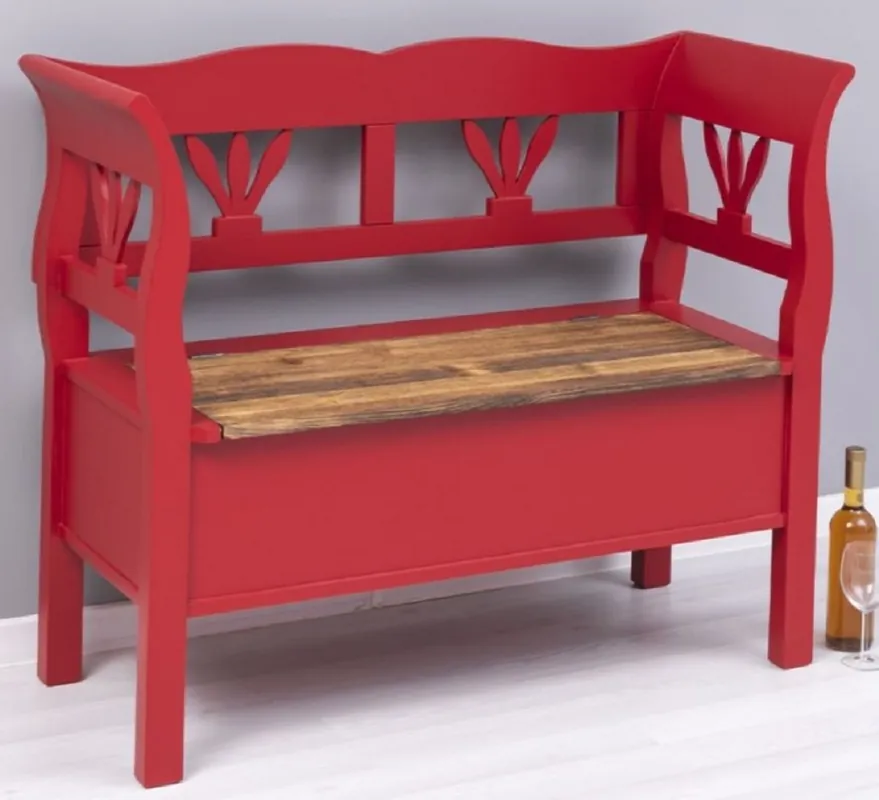 Casa Padrino banc style campagnard rouge / marron 117 x 48 x H. 92 cm - Banc en bois massif avec espace de rangement - Meuble en bois massif - Meuble style campagnard Preisreduziert