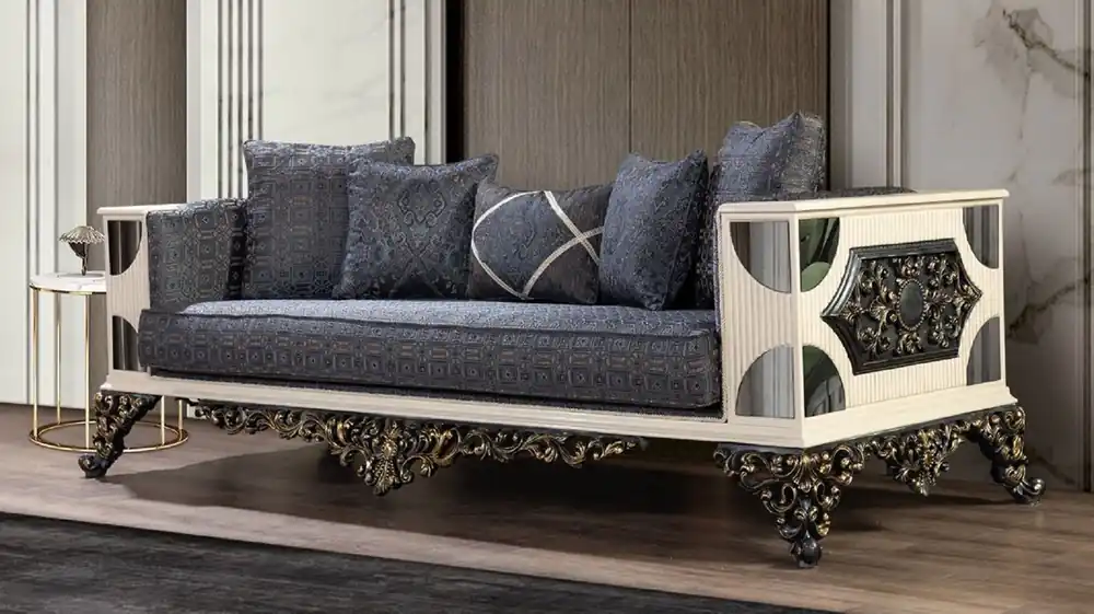 Günstig Casa Padrino canapé baroque de luxe bleu / blanc / noir / or - Canapé de salon fait main avec motif élégant - Mobilier de salon de luxe dans le style baroque - Magnifique mobilier baroque
