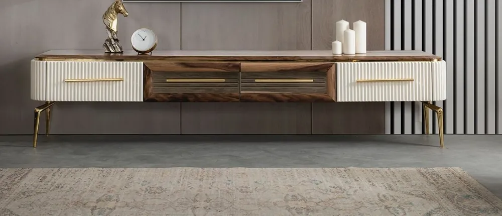 Garantierte Lieferung Casa Padrino armoire TV Art Déco de luxe marron / blanc / or 235 x 48 x H. 48 cm - Buffet de salon avec 4 tiroirs - Meuble Art Déco - Meuble de salon - Meuble de luxe