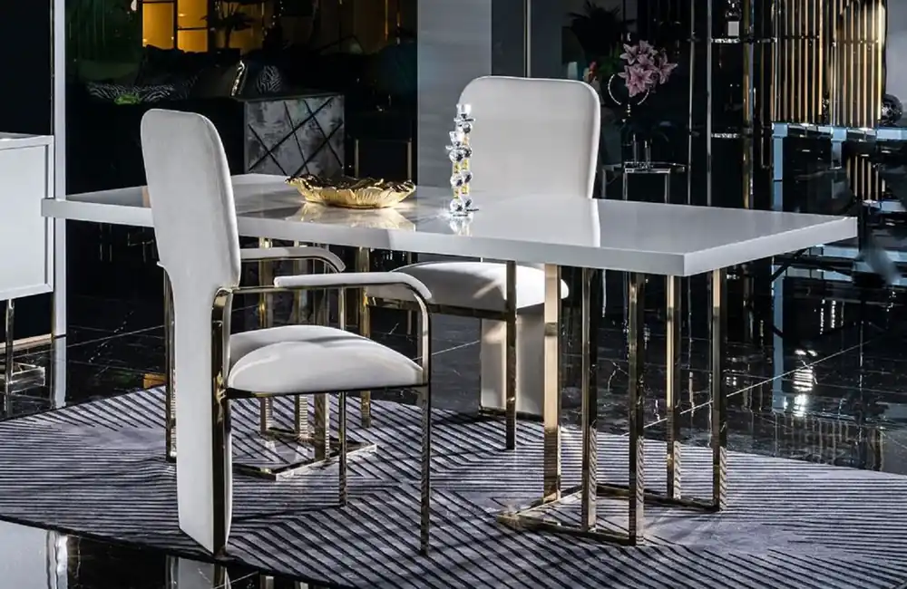 Schneller Versand Casa Padrino table à manger de luxe blanc / or 200 x 110 x H. 80 cm - Table de cuisine rectangulaire avec plateau en bois massif et pieds en métal - Meuble de salle à manger - Meuble de luxe