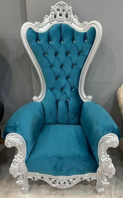 Abverkauf Casa Padrino fauteuil trône baroque avec tissu velours fin et strass bleu / argent - Fauteuil royal fait main dans le style baroque - Fauteuil de mariage - Fauteuil baroque géant - Meuble baroque