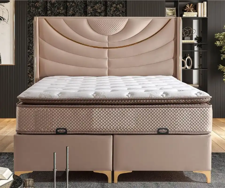 Casa Padrino lit double de luxe beige / or - Différentes Tailles - Lit en bois massif avec tête de lit et matelas - Meubles de chambre - Meubles d'hôtel - Meubles de luxe Must-Have