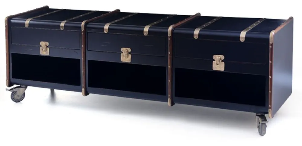 Casa Padrino armoire TV de luxe en optique valise noir / marron / laiton 201 x 48 x H. 65 cm - Armoire valise en bois massif avec roulettes - Meuble de salon - Meuble de luxe en optique valise Bestseller