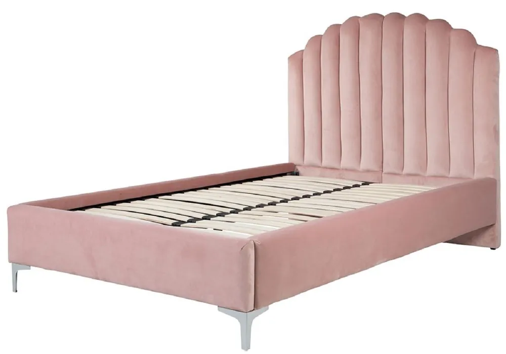Expressversand Casa Padrino lit double Art Déco de luxe rose / argent 136 x 215 x H. 131 cm - Lit en bois massif avec tissu en velours fin - Mobilier de chambre - Mobilier Art Déco de luxe