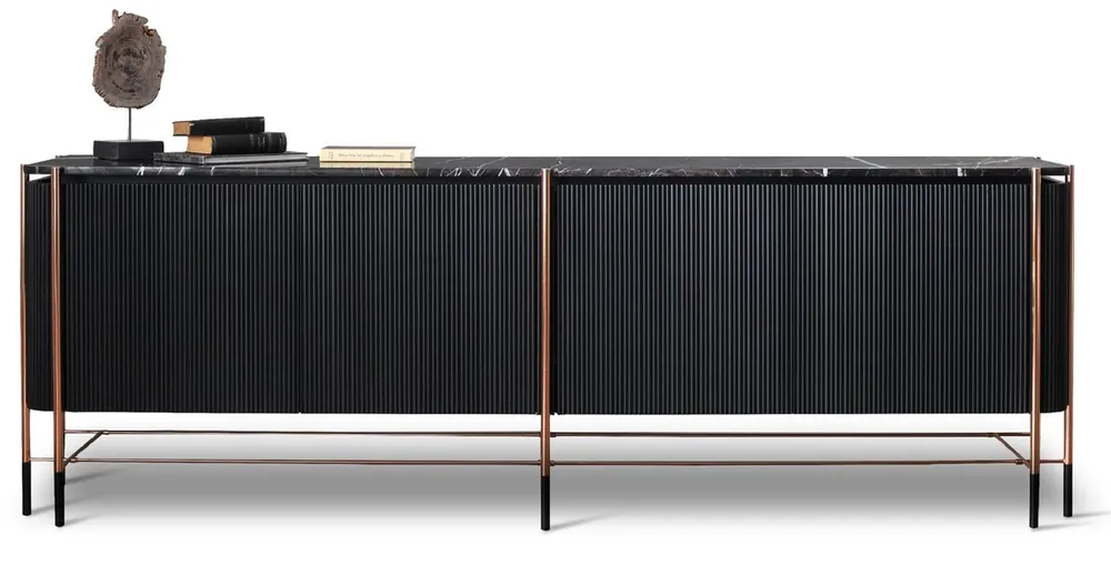 Bestseller Casa Padrino buffet de luxe noir / noir mat / cuivre 240 x 47 x H. 80 cm - Armoire en bois massif avec 4 portes et dessus en marbre - Meuble de salle à manger - Meuble salon - Meuble de luxe