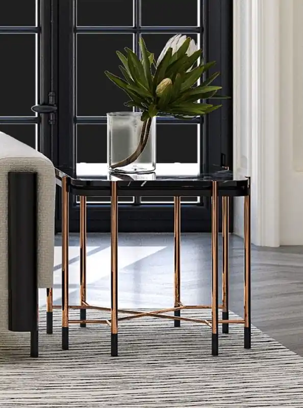 Casa Padrino table d'appoint de luxe noir / noir mat / cuivre 59 x 59 x H. 55 cm - Table carrée avec plateau en marbre - Meuble de salon - Meuble d'hôtel - Meuble de luxe Direkt Vom Hersteller