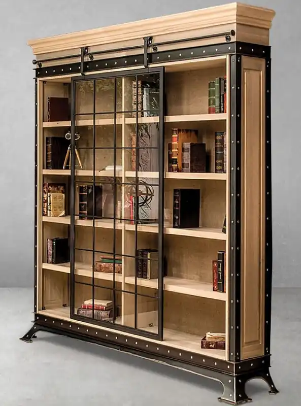 Casa Padrino armoire à livres de style industriel de luxe naturel / noir 245,5 x 42 x H. 247 cm - Armoire en bois massif avec porte coulissante - Meuble de salon - Meuble de style industriel Beliebt