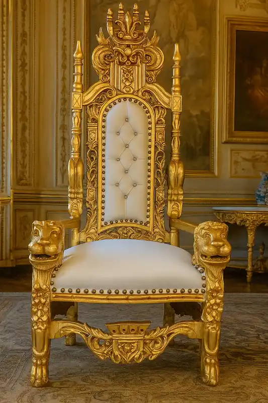Saisonangebot Casa Padrino fauteuil trône baroque avec cuir artificiel et strass blanc / or - Fauteuil royal fait main - Magnifique fauteuil de mariage - Fauteuil baroque géant - Meuble baroque