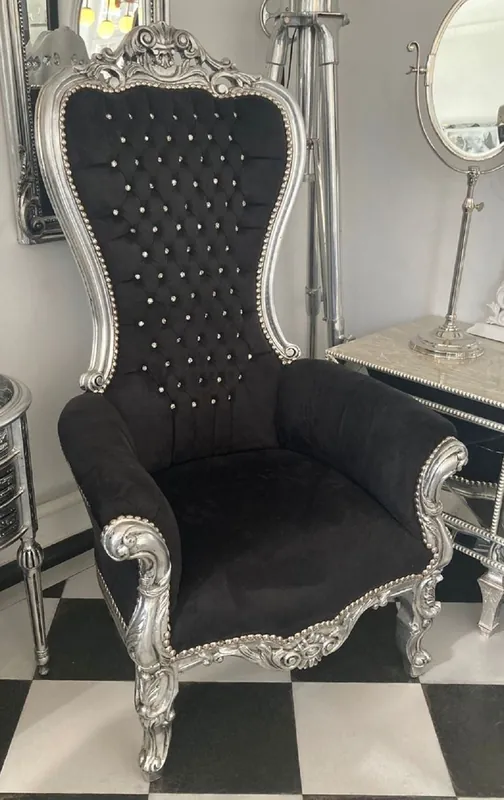 Casa Padrino fauteuil trône baroque avec tissu velours fin et strass noir / argent - Magnifique fauteuil royal style baroque - Fauteuil de mariage baroque - Fauteuil géant baroque - Meuble baroque Neue Ware
