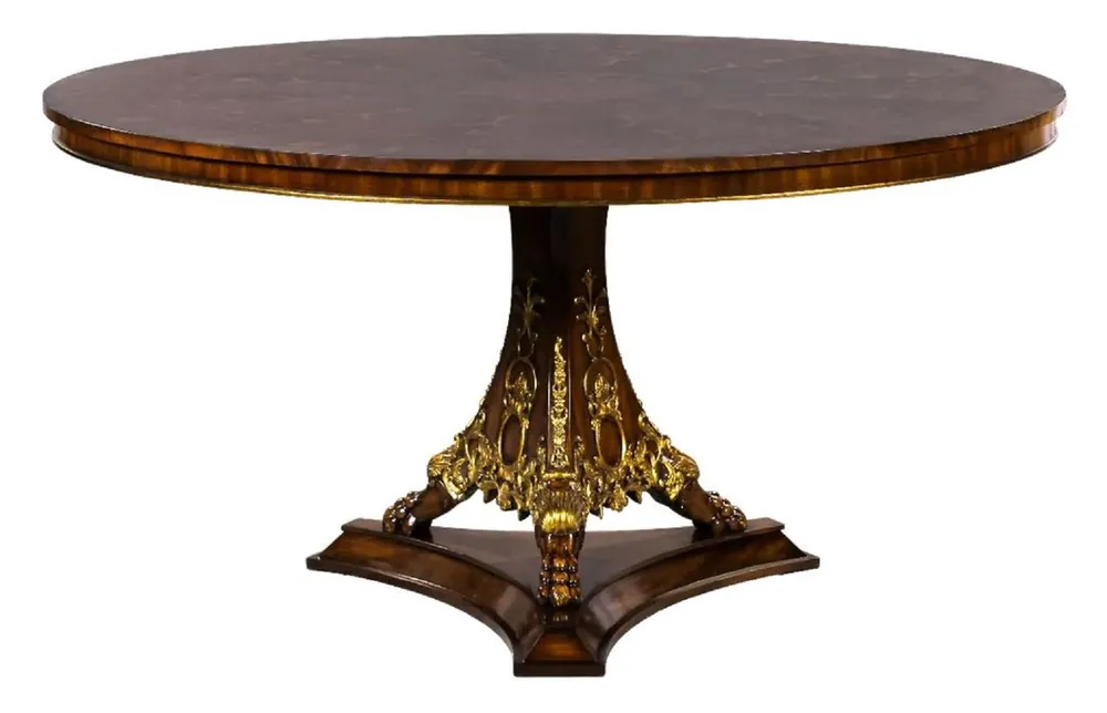 Saisonangebot Casa Padrino table à manger baroque de luxe marron foncé marqueterie / or Ø 135 cm - Table de cuisine ronde en bois massif de style baroque - Mobilier de salle à manger de luxe de style baroque