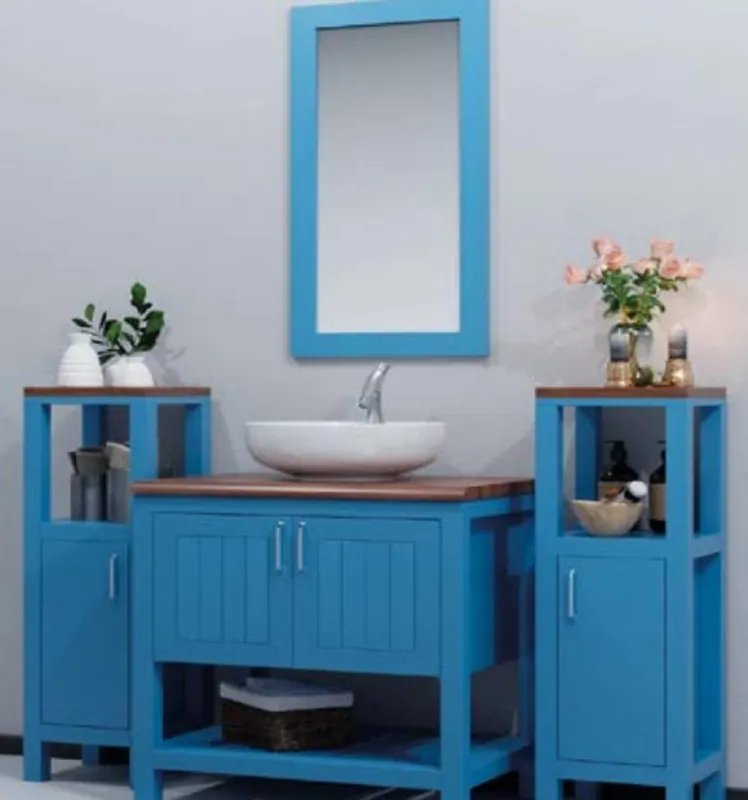 Bestseller Casa Padrino Ensemble de Salle de Bain de Style Campagnard Bleu / Marron - 1 Meuble Vasque avec Vasque en Céramique & 2 Armoires Étagères & 1 Miroir Mural - Meuble de Salle de Bain Style Campagnard