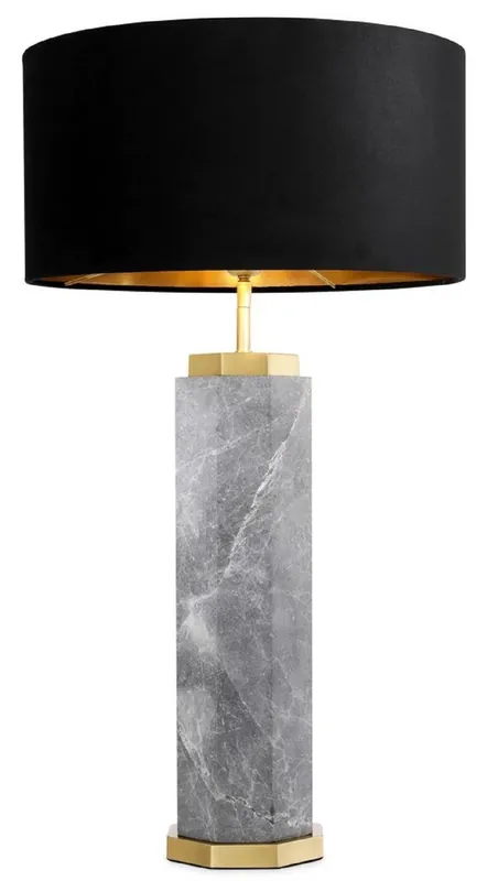 Casa Padrino lampe de table de luxe gris / laiton antique / noir Ø 40 x H. 75 cm - Lampe de bureau en marbre avec abat jour rond en velours - Lampes de table de luxe - Lampes de bureau de luxe Sofort Bestellen