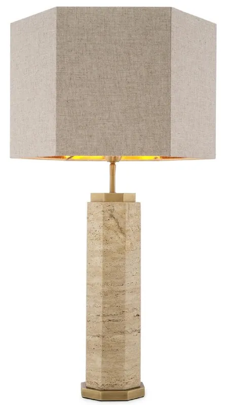 Casa Padrino lampe de table de luxe beige / laiton antique / gris 46 x 46 x H. 84,5 cm - Lampe de bureau en travertin avec abat-jour hexagonal - Lampes de table de luxe - Lampes de bureau de luxe Sonderangebot