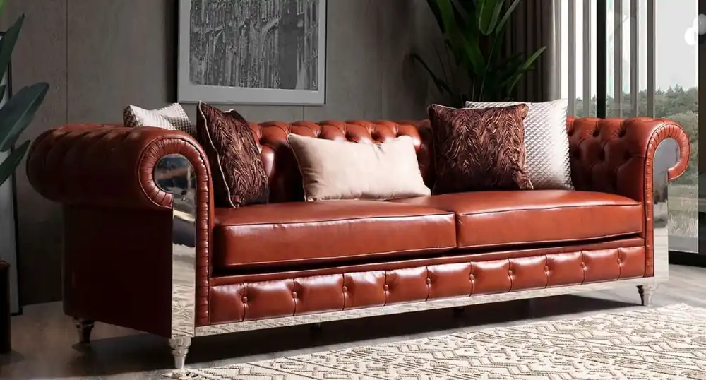 Casa Padrino canapé Chesterfield de luxe cuir artificiel marron / argent 270 x 100 x H. 70 cm - Canapé de salon - Meuble de salon - Meuble Chesterfield - Meuble de luxe Beliebt