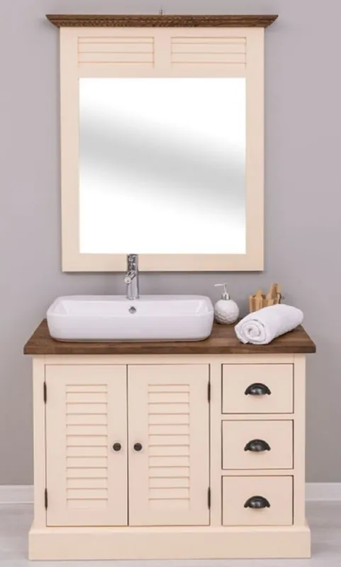 Markenprodukt Casa Padrino ensemble de salle de bain de style campagnard beige / marron foncé - 1 Armoire Lavabo avec Lavabo et Robinet et 1 Miroir Mural - Meuble de salle de bain de style campagnard