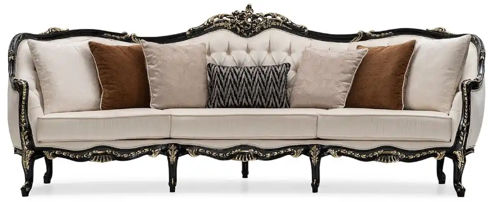 Casa Padrino canapé de salon baroque de luxe crème / noir / or - Canapé de style baroque fait main avec coussins décoratifs - Meuble de salon de luxe de style baroque - Meuble baroque Schneller Versand