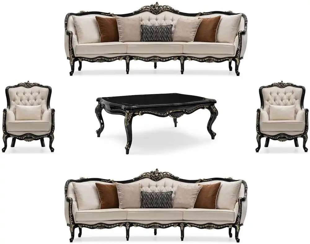 Jetzt Bestellen Casa Padrino ensemble de salon baroque de luxe crème / noir / or - 2 Canapés & 2 Fauteuils & 1 Table Basse - Mobilier de salon baroque - Noble & Magnifique