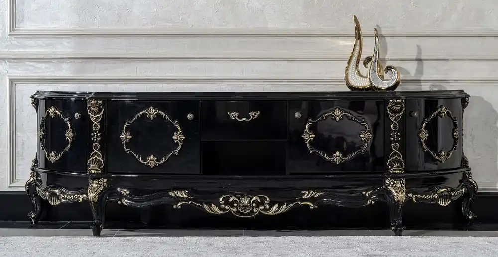 Sonderangebot Casa Padrino armoire TV baroque de luxe noir / or - Magnifique buffet en bois massif avec 4 portes et tiroir - Meuble de salon de style baroque - Meuble baroque - Noble et Magnifique