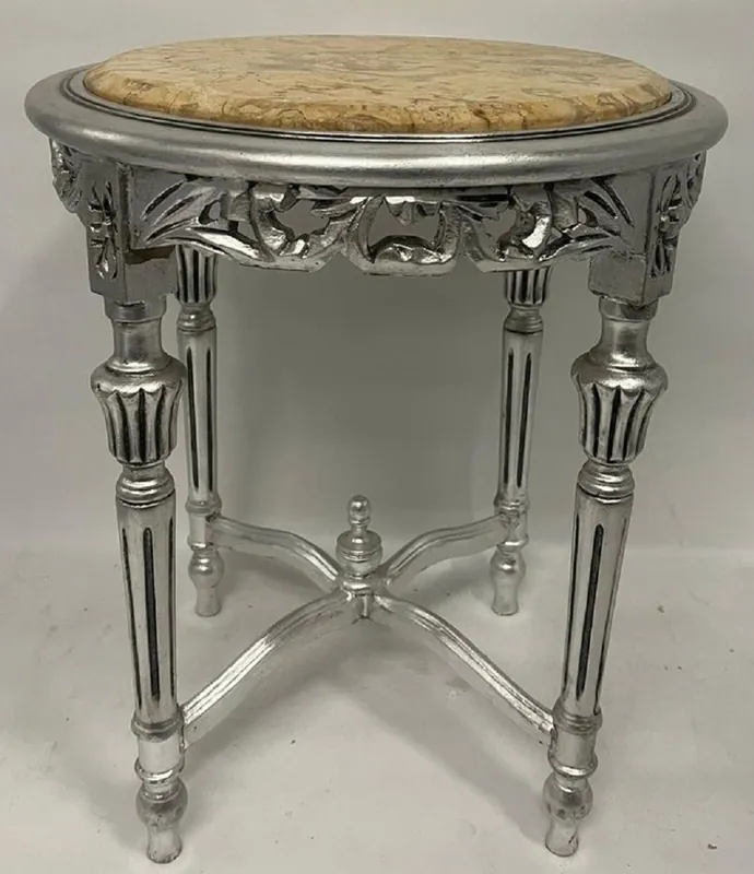Sichere Zahlung Casa Padrino table d'appoint baroque argent / beige - Table ronde en bois massif de style ancien avec plateau en marbre - Meuble de salon de style baroque - Meuble de style ancien - Meuble baroque