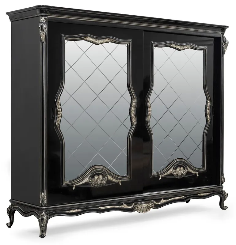 Casa Padrino armoire de chambre baroque de luxe noir / argent - Magnifique armoire en bois massif avec 2 portes coulissantes en miroir - Armoire baroque - Mobilier de chambre baroque Heißes Angebot