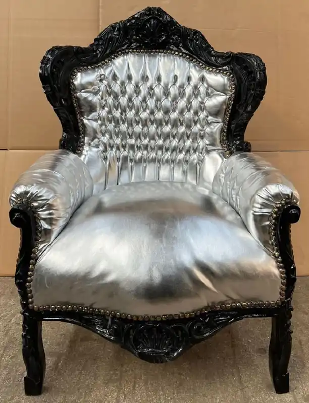 Casa Padrino fauteuil baroque argent / noir - Fauteuil de salon en bois massif fait main avec cuir artificiel - Fauteuil de salon de style ancien - Mobilier de salon baroque Günstig