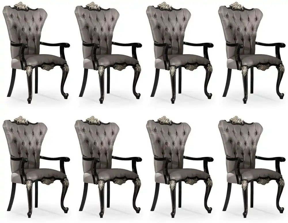 Sichere Zahlung Casa Padrino ensemble de 8 chaises de salle à manger baroque de luxe avec accoudoirs argent / noir / argent - Magnifiques chaises de cuisine baroque - Mobilier de salle à manger baroque de luxe