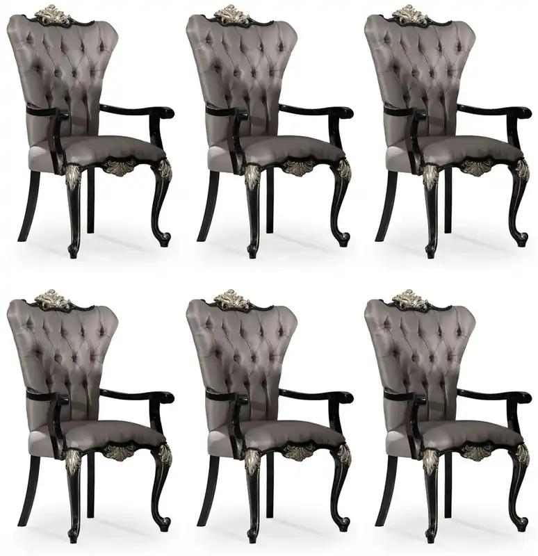 Casa Padrino ensemble de 6 chaises de salle à manger baroque de luxe avec accoudoirs argent / noir / argent - Magnifiques chaises de cuisine baroque - Mobilier de salle à manger baroque de luxe Aktuell