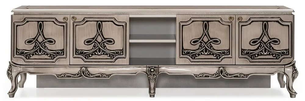 Sichere Zahlung Casa Padrino armoire TV baroque de luxe argent - Magnifique buffet en bois massif avec 4 portes - Meuble de salon de style baroque - Meuble baroque - Noble et Magnifique