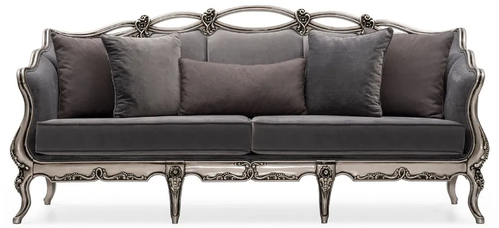 Casa Padrino canapé de salon baroque de luxe gris / argent - Canapé baroque fait main avec coussins décoratifs - Meuble de salon de luxe de style baroque - Meuble baroque - Noble & Magnifique Must-Have