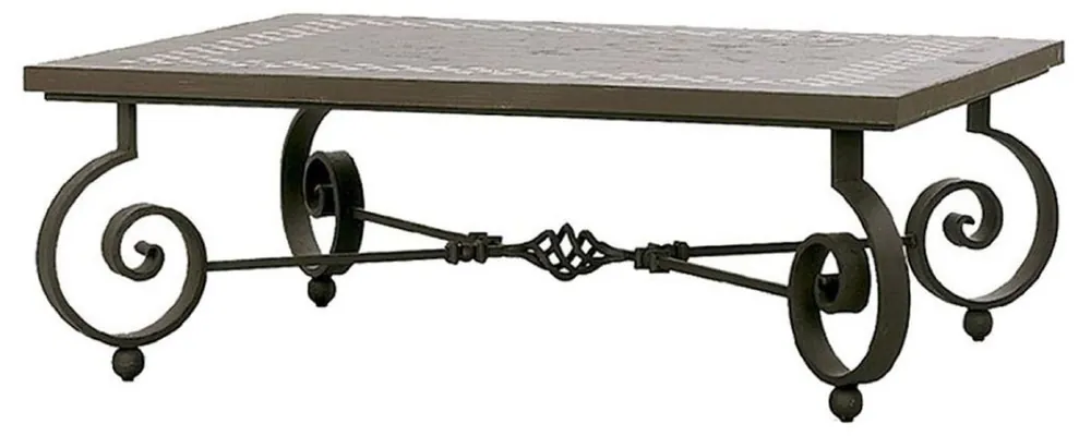 Wochenendangebot Casa Padrino table basse baroque de luxe marron / noir 136 x 106 x H. 42 cm - Table de jardin avec plateau en carreaux de céramique et pieds en fer forgé - Mobilier de salon et jardin baroque