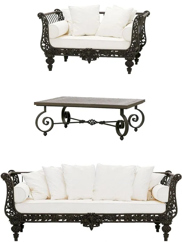 Preis Gesenkt Casa Padrino Ensemble de Meubles Baroques de Luxe en Fer Forgé Marron Foncé / Blanc - 1 Canapé & 1 Fauteuil & 1 Table Basse - Mobilier de Salon - Mobilier de Jardin - Mobilier Baroque de Luxe
