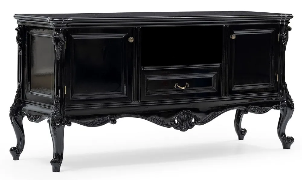 Garantierte Lieferung Casa Padrino armoire TV baroque de luxe noir - Magnifique buffet en bois massif avec 2 portes et tiroir - Meuble de salon de style baroque - Meuble baroque - Noble et Magnifique