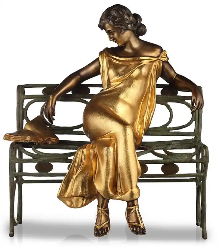 Casa Padrino sculpture Art Nouveau de luxe dame sur banc bronze avec patine / or / vert antique H.65 cm - Figure décorative en bronze fait main - Qualité de luxe - Fabriqué en Italie Expressversand