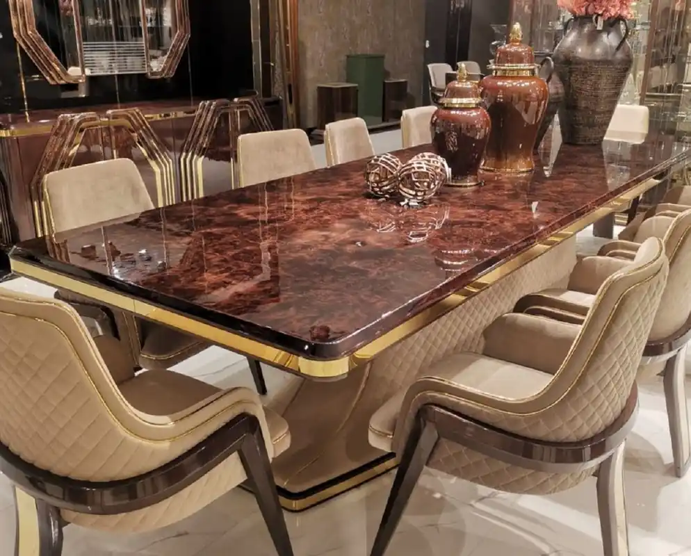 Casa Padrino table de salle à manger Art Déco de luxe marron / beige / or 226 x 112 x H. 70 cm - Table de cuisine en bois massif avec plateau aspect marbre - Meuble Salle à Manger Art Déco de Luxe Markenprodukt