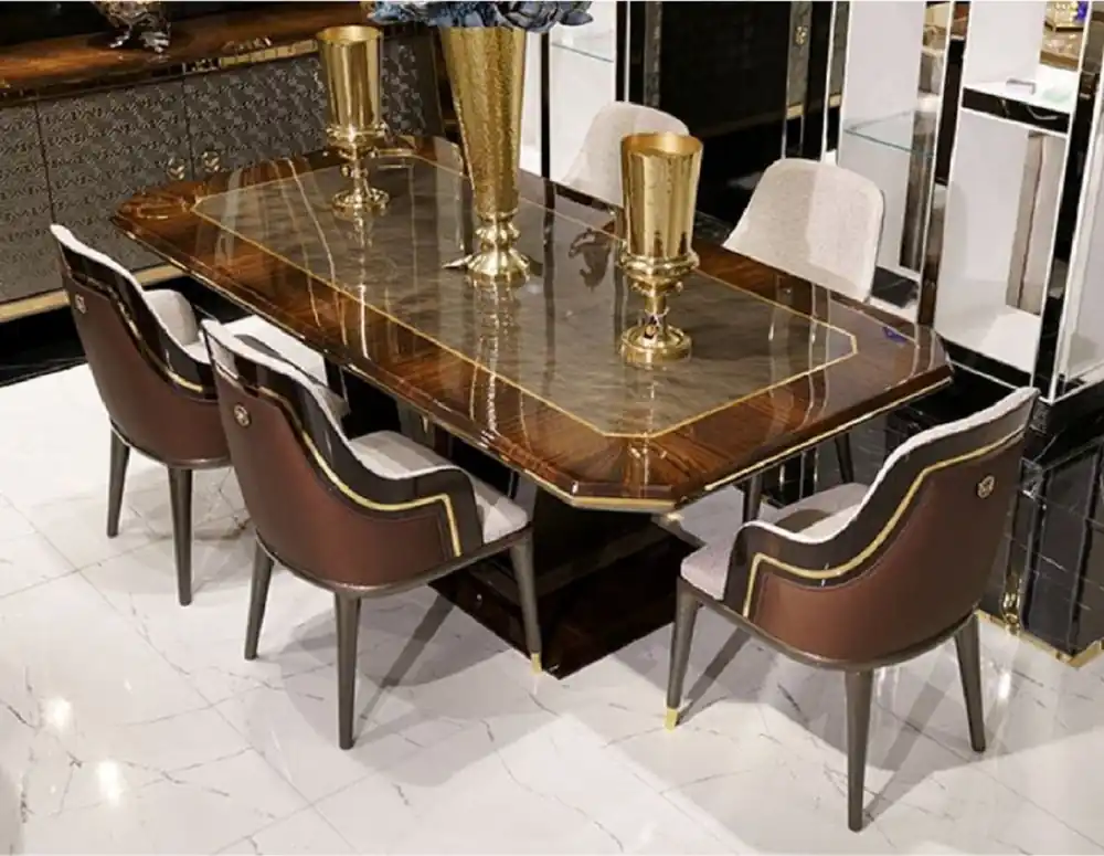 Casa Padrino table de salle à manger de luxe gris / marron / or 226 x 112 x H. 70 cm - Table de cuisine rectangulaire en bois massif - Mobilier de salle à manger - Mobilier de luxe Highlight