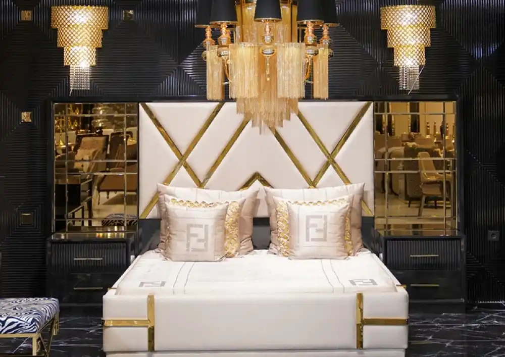 Top-Angebot Casa Padrino ensemble de chambre de luxe crème / noir / or - 1 Lit Double avec Tête de Lit Miroir et 2 Tables de Chevet - Meuble de chambre de luxe - Ameublement de chambre de luxe