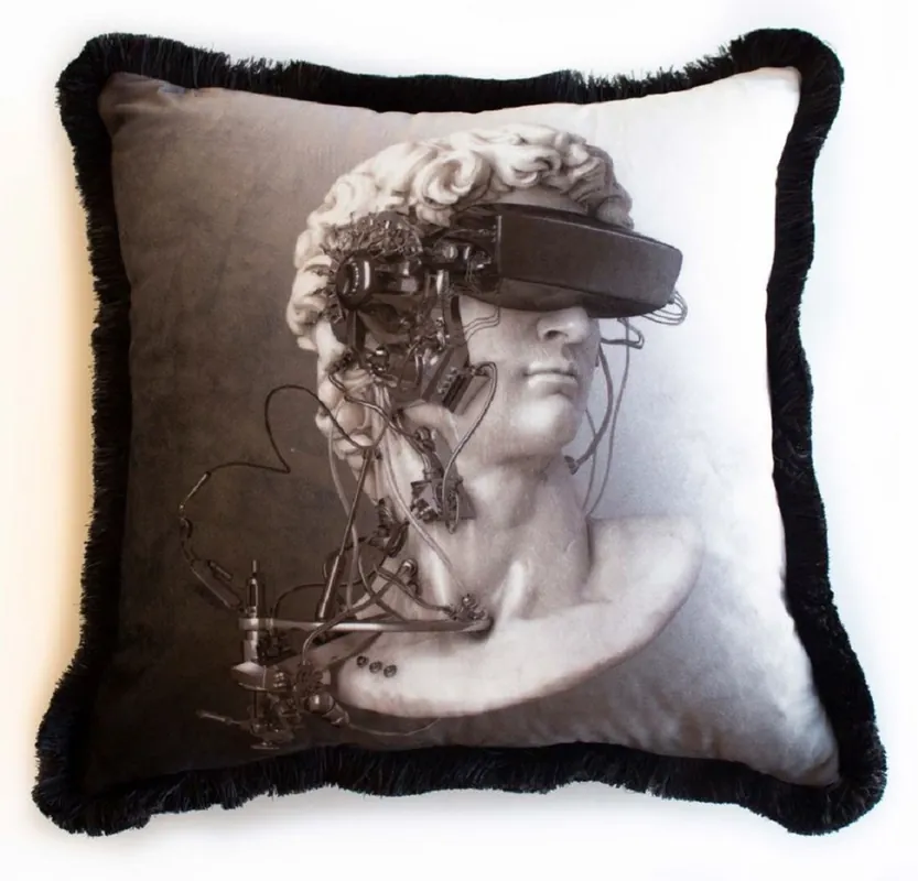 Casa Padrino coussin décoratif de luxe buste cyber baroque gris / blanc / noir 45 x 45 cm - Oreiller en velours imprimé avec franges - Accessoires de décoration de luxe Mega-Angebot