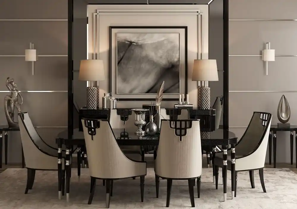 Casa Padrino ensemble de salle à manger Art Déco de luxe gris / noir / argent - 1 Table à Manger Art Déco et 6 Chaises de Salle à Manger Art Déco - Meubles de Salle à Manger Art Déco de Luxe Heißes Angebot