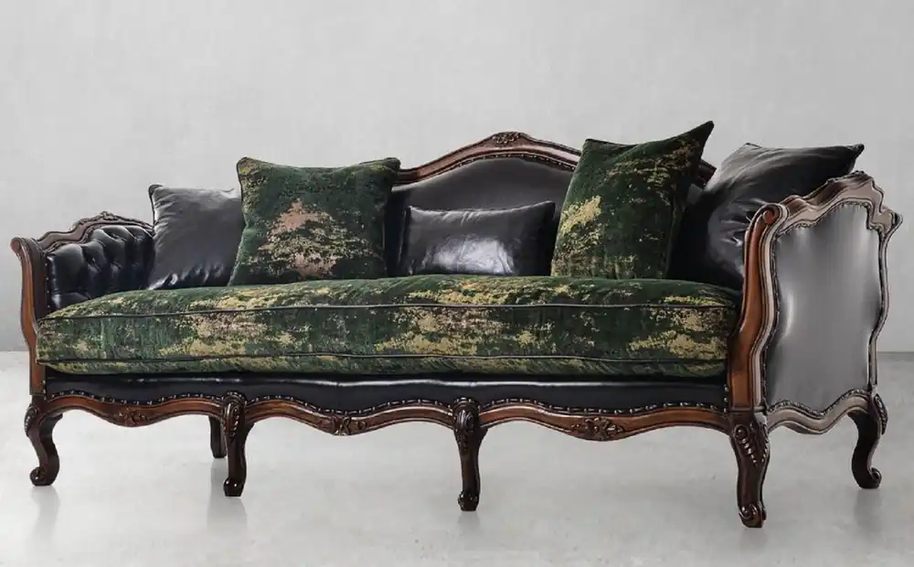 Casa Padrino canapé en cuir baroque de luxe noir / vert / marron - Magnifique canapé de salon en cuir véritable de haute qualité - Meuble de salon de luxe de style baroque - Noble et Magnifique Solange Der Vorrat Reicht