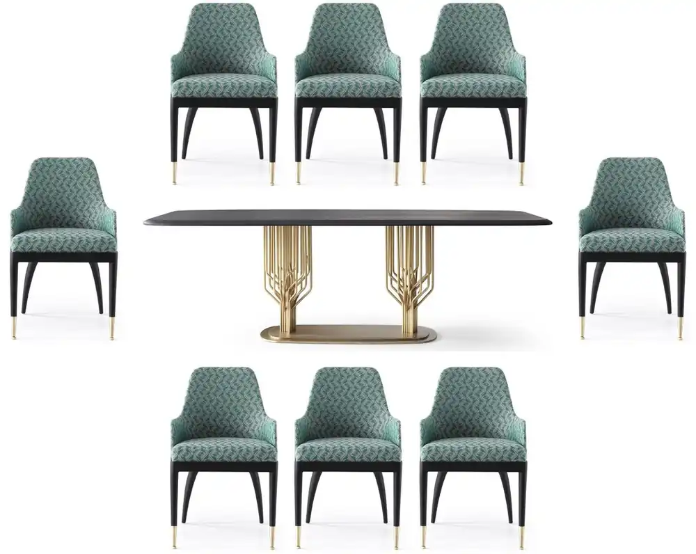 Expressversand Casa Padrino Ensemble de Salle à Manger de Luxe Vert Motif / Noir / Laiton - 1 Table de Salle à Manger de Luxe & 8 Chaises de Salle à Manger de Luxe - Meubles de Salle à Manger - Meubles de Luxe