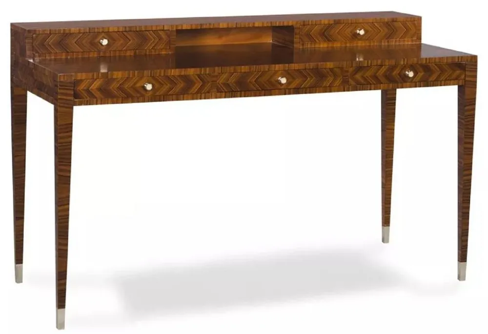 Nur Für Kurze Zeit Casa Padrino Bureau Art Déco de Luxe avec 5 Tiroirs Marron / Argent 140 x 55 x H. 86 cm - Table de Bureau en Bois Massif - Mobilier de Bureau - Mobilier Art Déco - Mobilier de Luxe