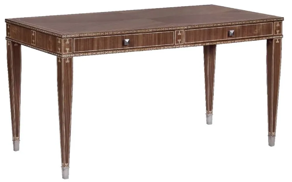 Casa Padrino Bureau Art Déco de Luxe avec 2 Tiroirs Marron / Argent 141 x 70 x H. 75 cm - Table de Bureau en Bois Massif - Mobilier de Bureau - Mobilier Art Déco - Mobilier de Luxe Echt
