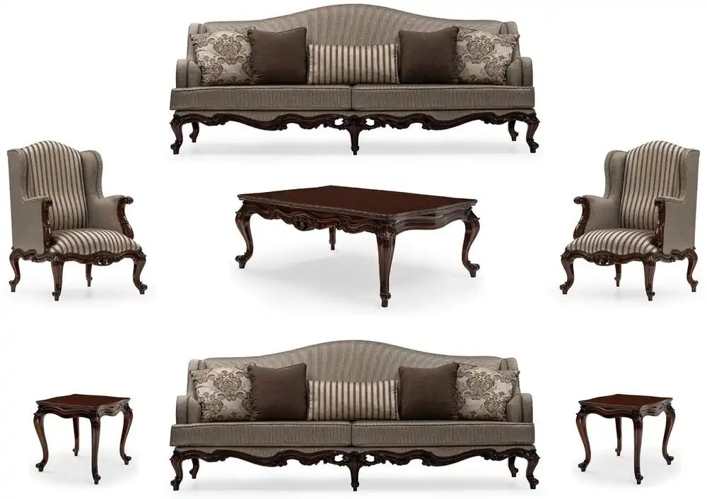 Markenware Casa Padrino ensemble de salon baroque de luxe argent / marron - 2 Canapés & 2 Fauteuils & 1 Table Basse & 2 Tables d'Appoint - Mobilier de salon baroque - Noble & Magnifique