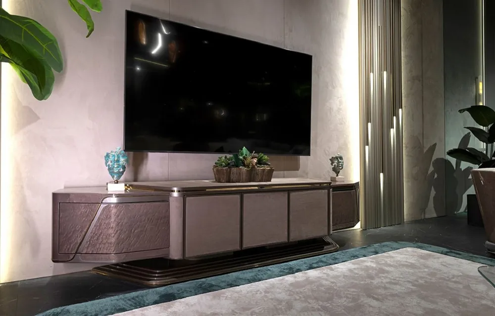 Casa Padrino armoire TV de luxe gris / or 251 x 50 x H. 58 cm - Buffet en bois massif avec 5 portes - Meuble de salon - Meuble de luxe - Ameublement de luxe Sofort Bestellen