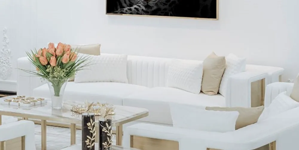 Casa Padrino canapé de luxe blanc / or 290 x 98 x H. 72 cm - Canapé de salon - Canapé d'hôtel - Meuble de salon - Meuble d'hôtel - Meuble de luxe - Ameublement de luxe Sonderaktion