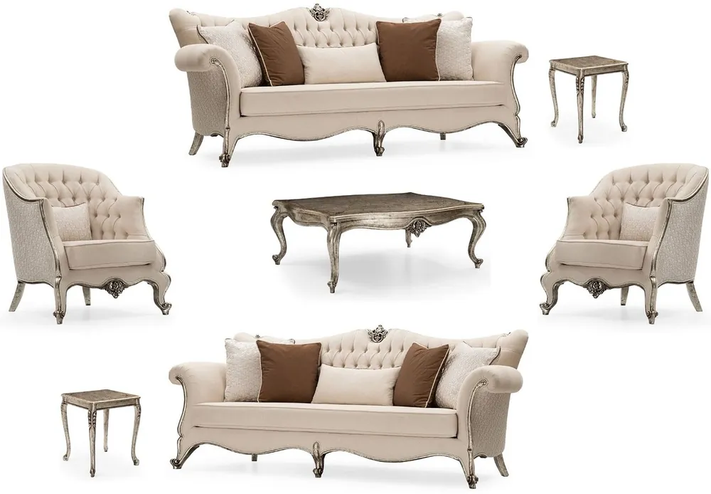 Casa Padrino ensemble de salon baroque de luxe crème / argent / argent antique - 2 Canapés & 2 Fauteuils & 1 Table Basse & 2 Tables d'Appoint - Mobilier de salon baroque - Noble & Magnifique Schneller Versand