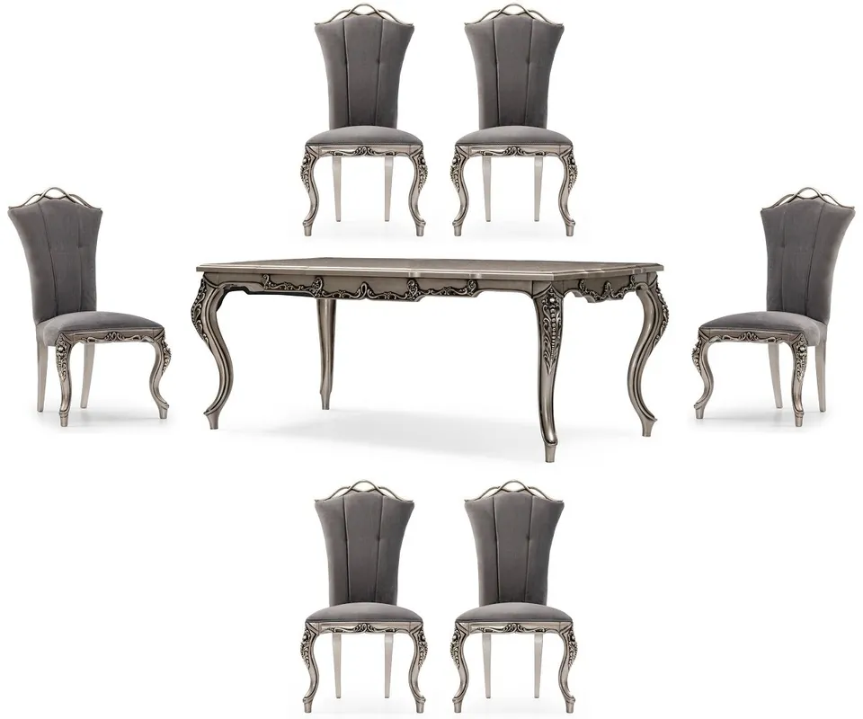 Casa Padrino ensemble de salle à manger baroque de luxe gris / argent - 1 Table à Manger Baroque & 6 Chaises à Manger Baroques - Meuble de salle à manger de luxe de style baroque Geprüft