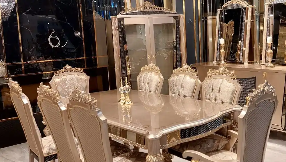 Sichere Zahlung Casa Padrino ensemble de salle à manger baroque de luxe gris / noir / or - 1 Table à Manger Baroque & 8 Chaises à Manger Baroques - Meuble de salle à manger de luxe de style baroque